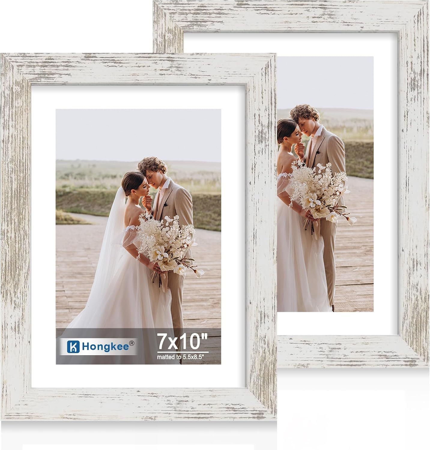 Yulinne 8x10 Picture Frame Set of 2, Distressed White Wood, Real Glass, Fits 5x7 with Mat, Wall or Tabletop