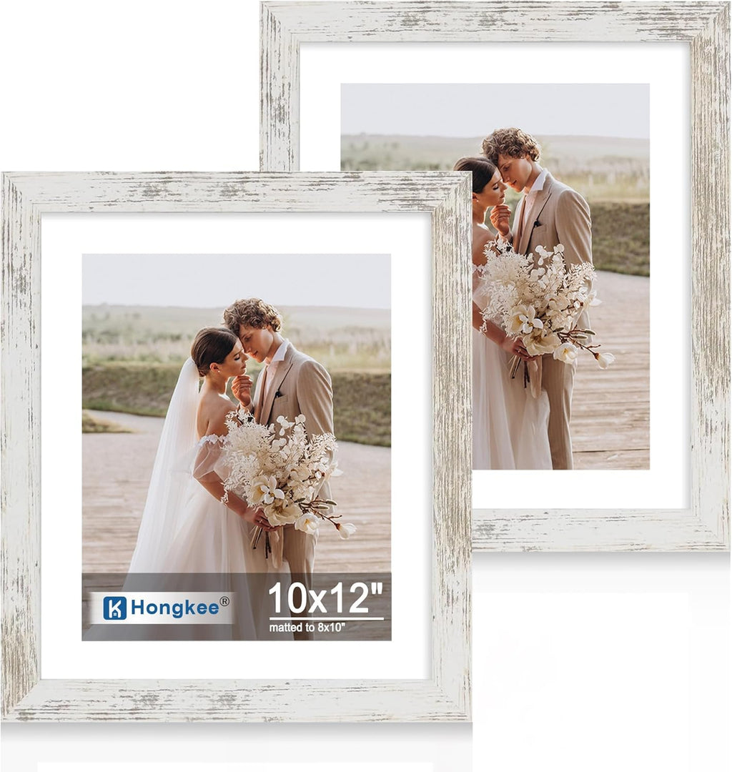 Yulinne 8x10 Picture Frame Set of 2, Distressed White Wood, Real Glass, Fits 5x7 with Mat, Wall or Tabletop