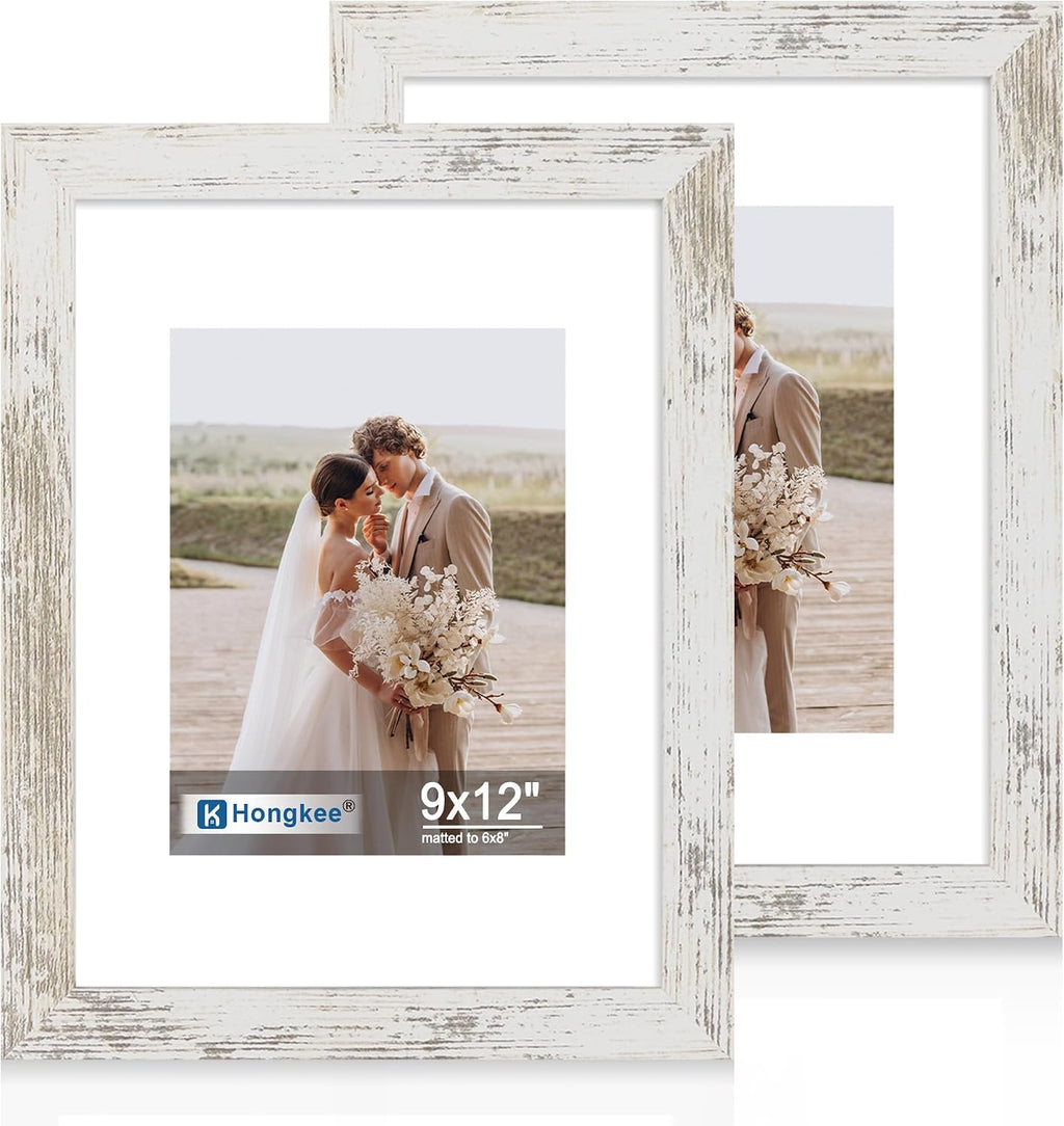 Yulinne 8x10 Picture Frame Set of 2, Distressed White Wood, Real Glass, Fits 5x7 with Mat, Wall or Tabletop