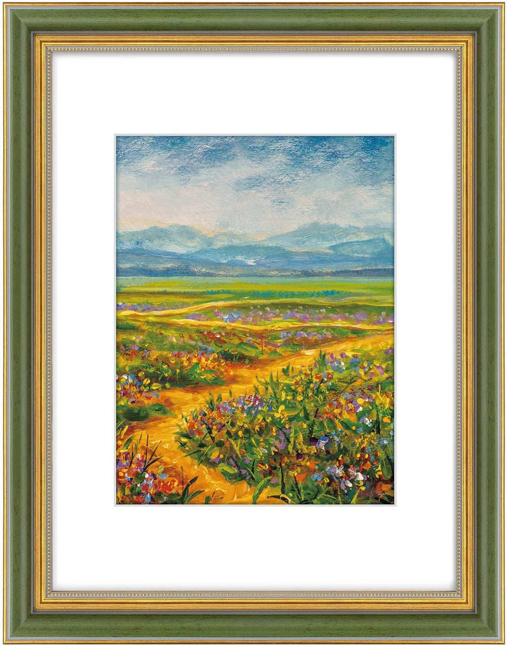 Yulinne 11x14 Green Gold Ornate Frame, Fits 8x10 with White Mat, Real Glass, Wall Mount