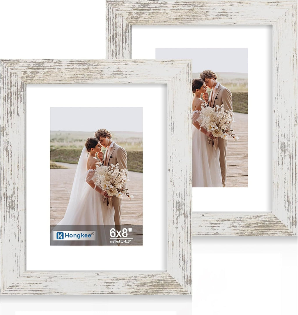 Yulinne 8x10 Picture Frame Set of 2, Distressed White Wood, Real Glass, Fits 5x7 with Mat, Wall or Tabletop