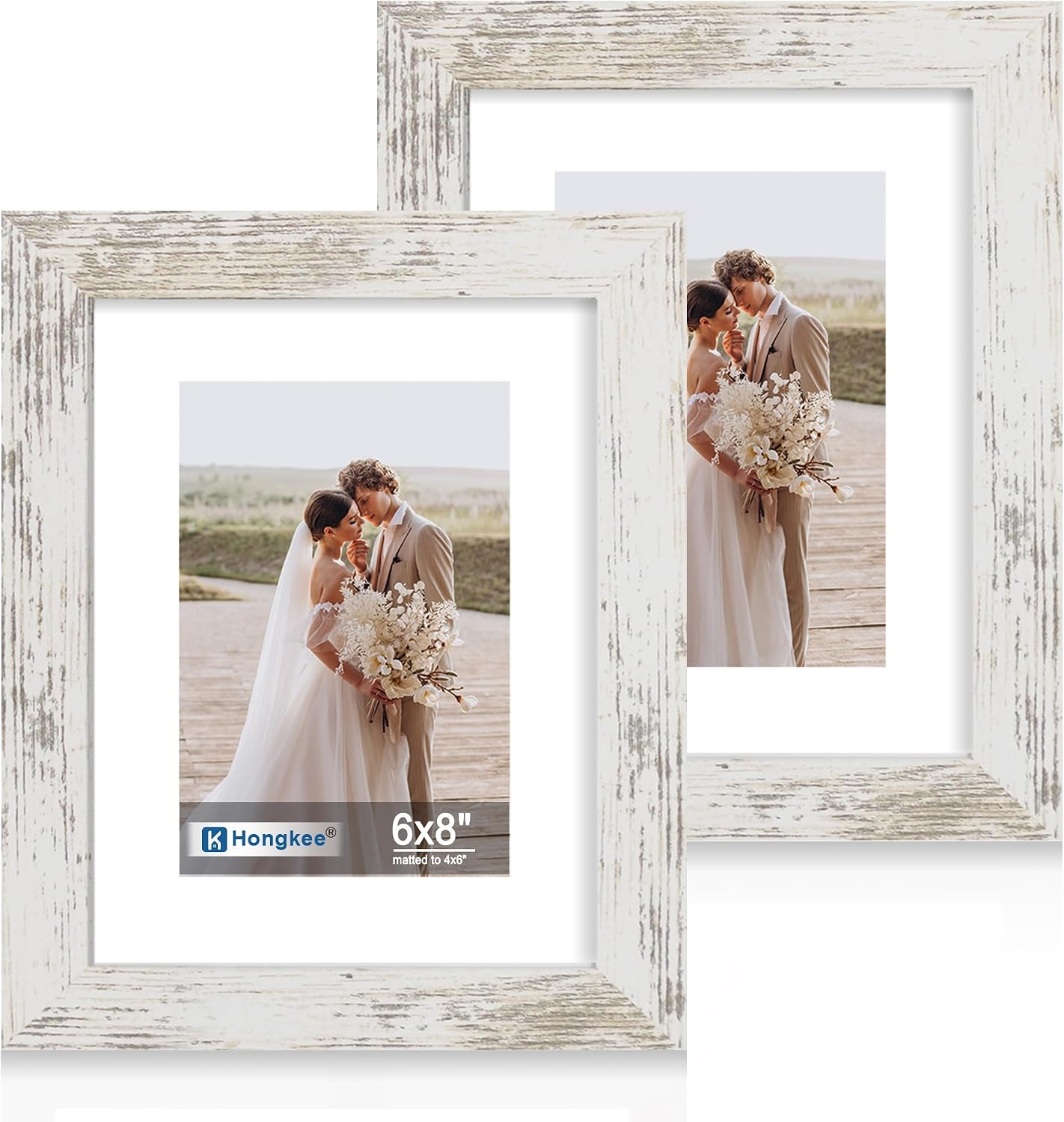 Yulinne 8x10 Picture Frame Set of 2, Distressed White Wood, Real Glass, Fits 5x7 with Mat, Wall or Tabletop