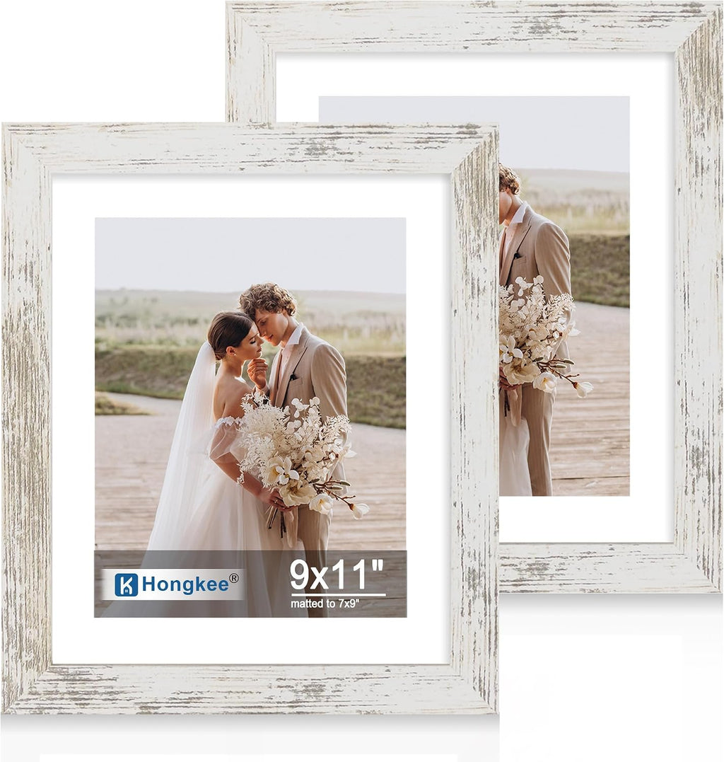 Yulinne 8x10 Picture Frame Set of 2, Distressed White Wood, Real Glass, Fits 5x7 with Mat, Wall or Tabletop