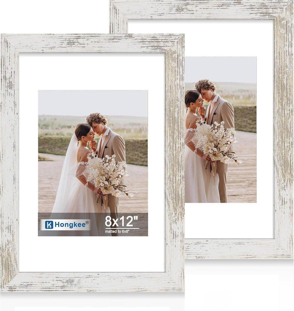 Yulinne 8x10 Picture Frame Set of 2, Distressed White Wood, Real Glass, Fits 5x7 with Mat, Wall or Tabletop