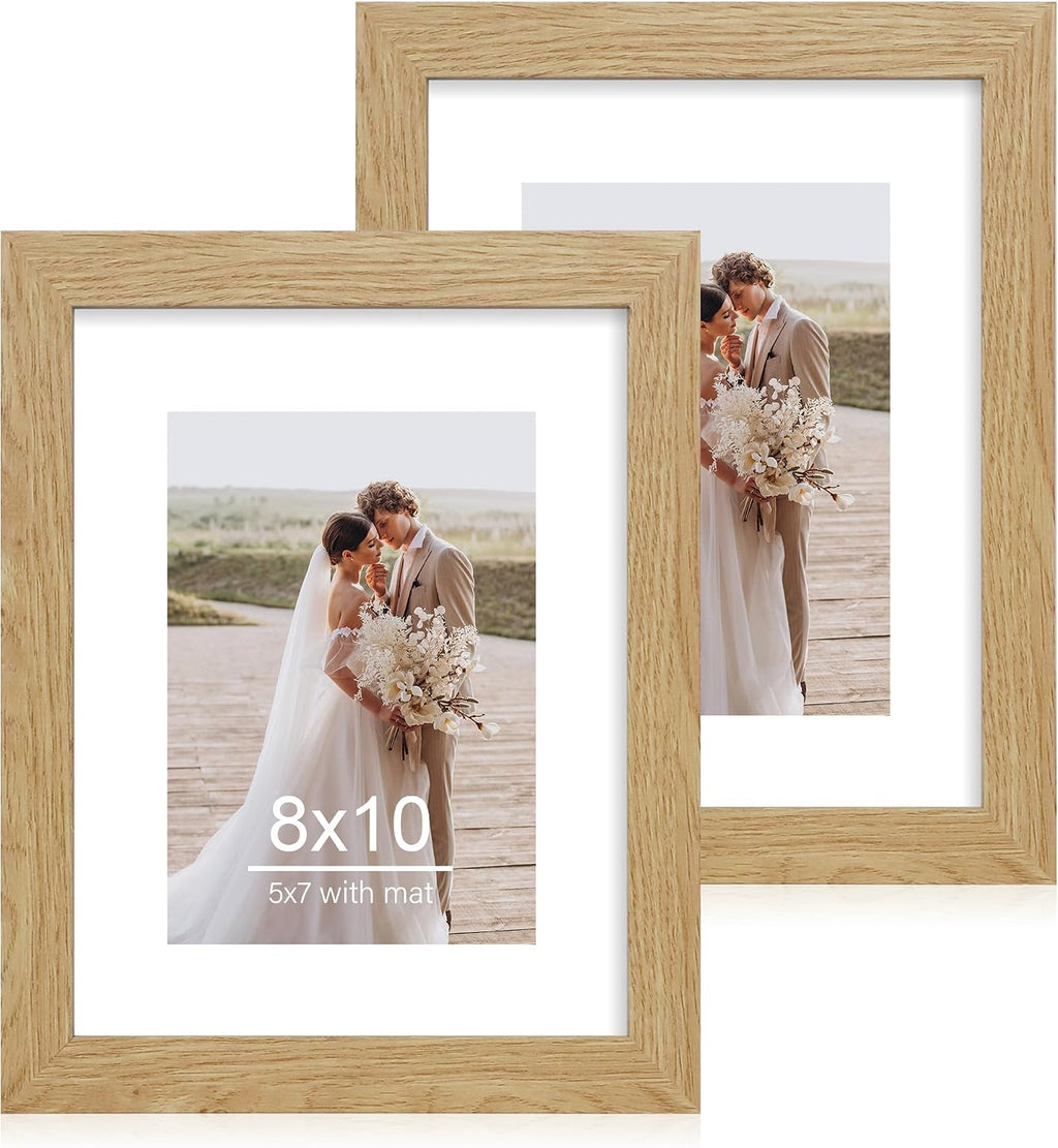 Yulinne 8x10 Picture Frame Set of 2, Distressed White Wood, Real Glass, Fits 5x7 with Mat, Wall or Tabletop
