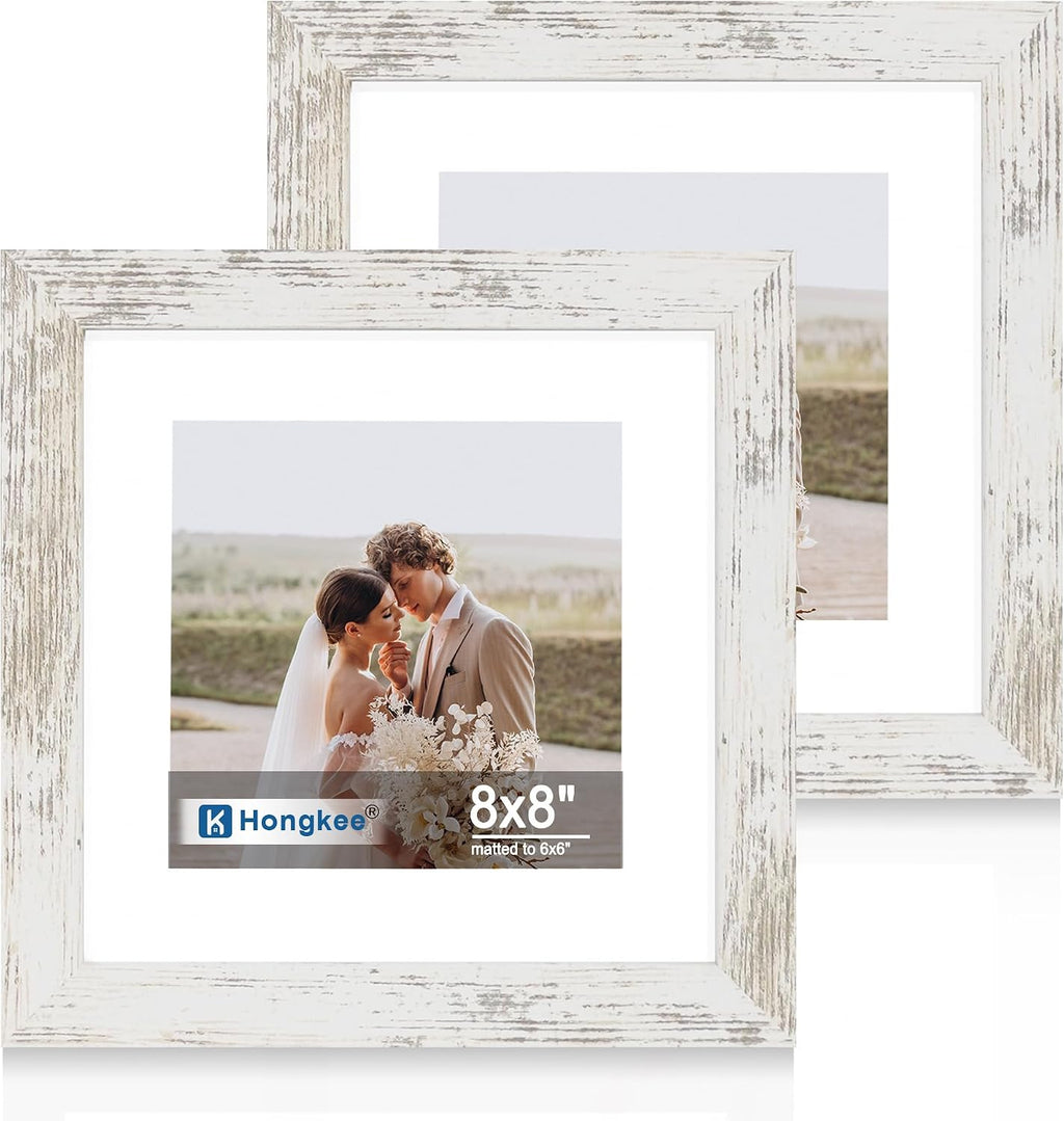 Yulinne 8x10 Picture Frame Set of 2, Distressed White Wood, Real Glass, Fits 5x7 with Mat, Wall or Tabletop