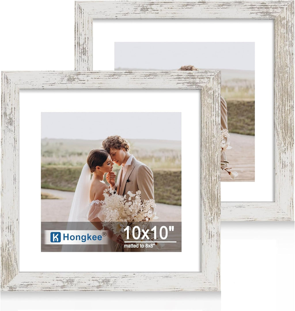 Yulinne 8x10 Picture Frame Set of 2, Distressed White Wood, Real Glass, Fits 5x7 with Mat, Wall or Tabletop