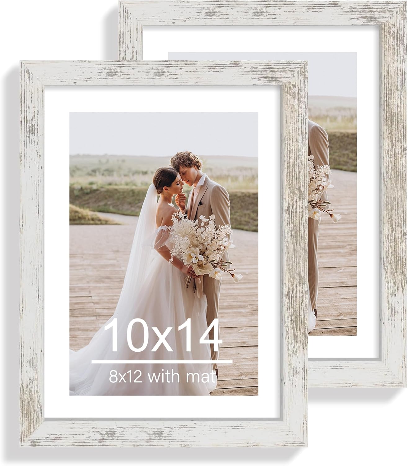 Yulinne 8x10 Picture Frame Set of 2, Distressed White Wood, Real Glass, Fits 5x7 with Mat, Wall or Tabletop