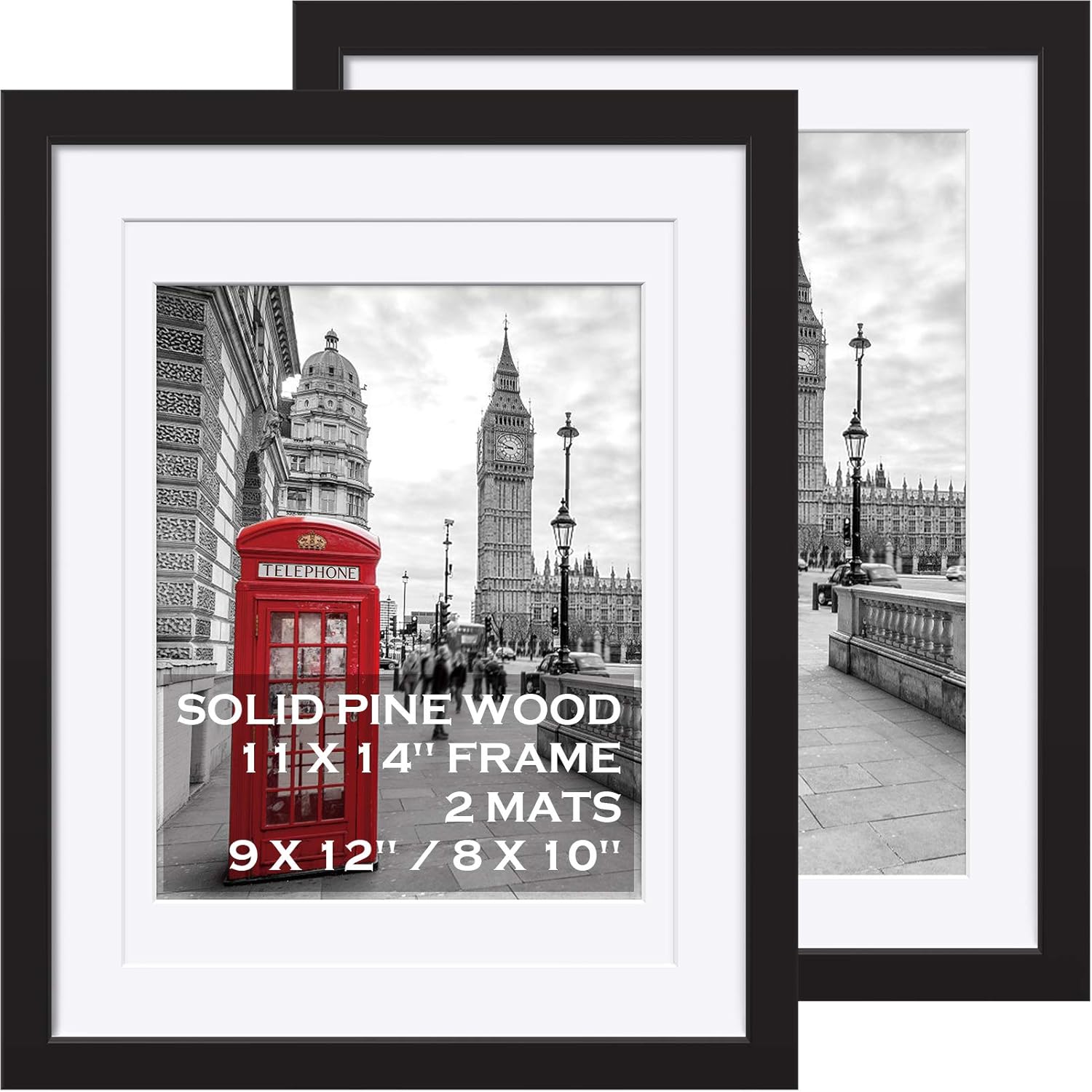 Yulinne 11x14 Solid Wood Picture Frame, Farmhouse Style, Fits 9x12/8x10 with Mat, Wall or Tabletop, 2 Pack