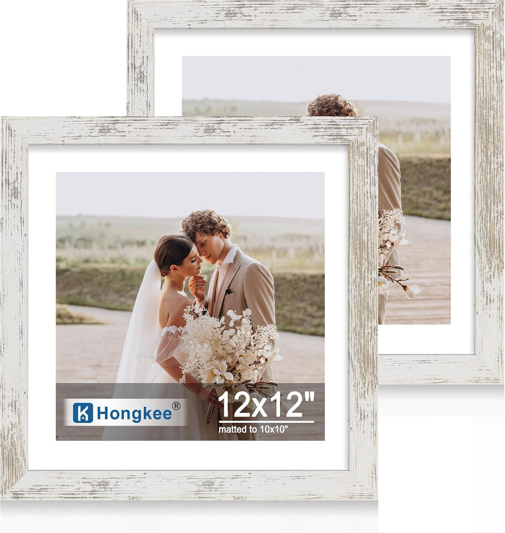 Yulinne 8x10 Picture Frame Set of 2, Distressed White Wood, Real Glass, Fits 5x7 with Mat, Wall or Tabletop