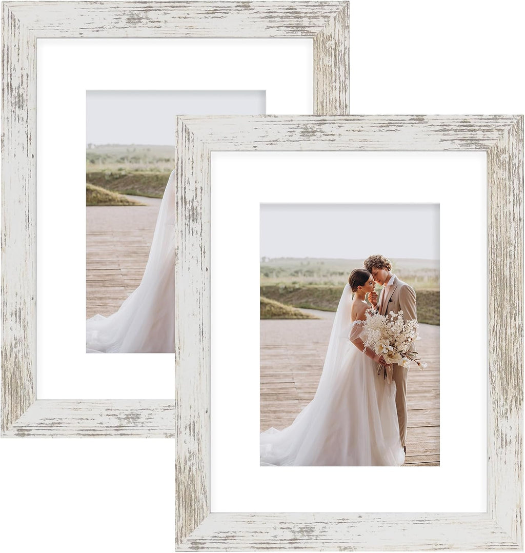 Yulinne 8x10 Picture Frame Set of 2, Distressed White Wood, Real Glass, Fits 5x7 with Mat, Wall or Tabletop
