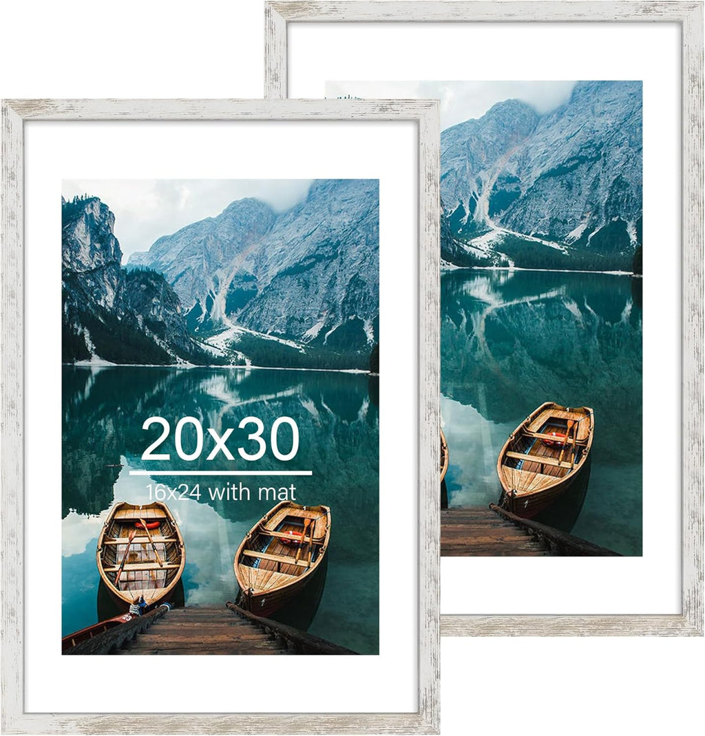 Yulinne 8x10 Picture Frame Set of 2, Distressed White Wood, Real Glass, Fits 5x7 with Mat, Wall or Tabletop