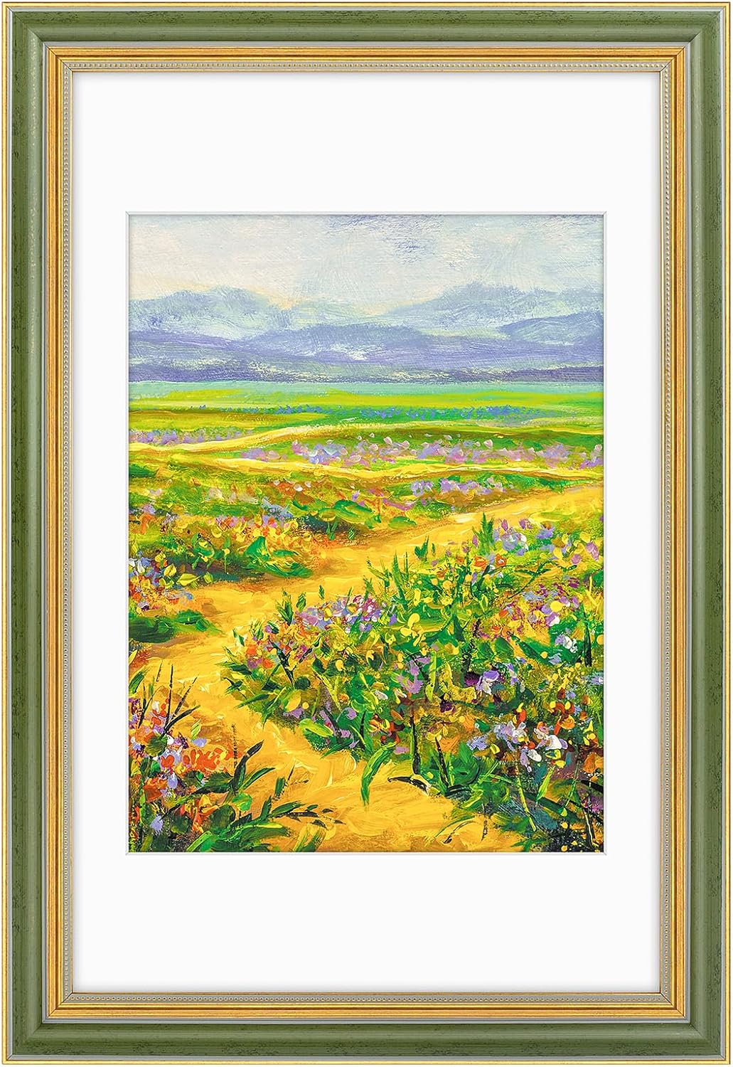 Yulinne Golden State Art 11x14 Green Gold Ornate Frame, Fits 8x10 with White Mat, Real Glass, Wall Mount