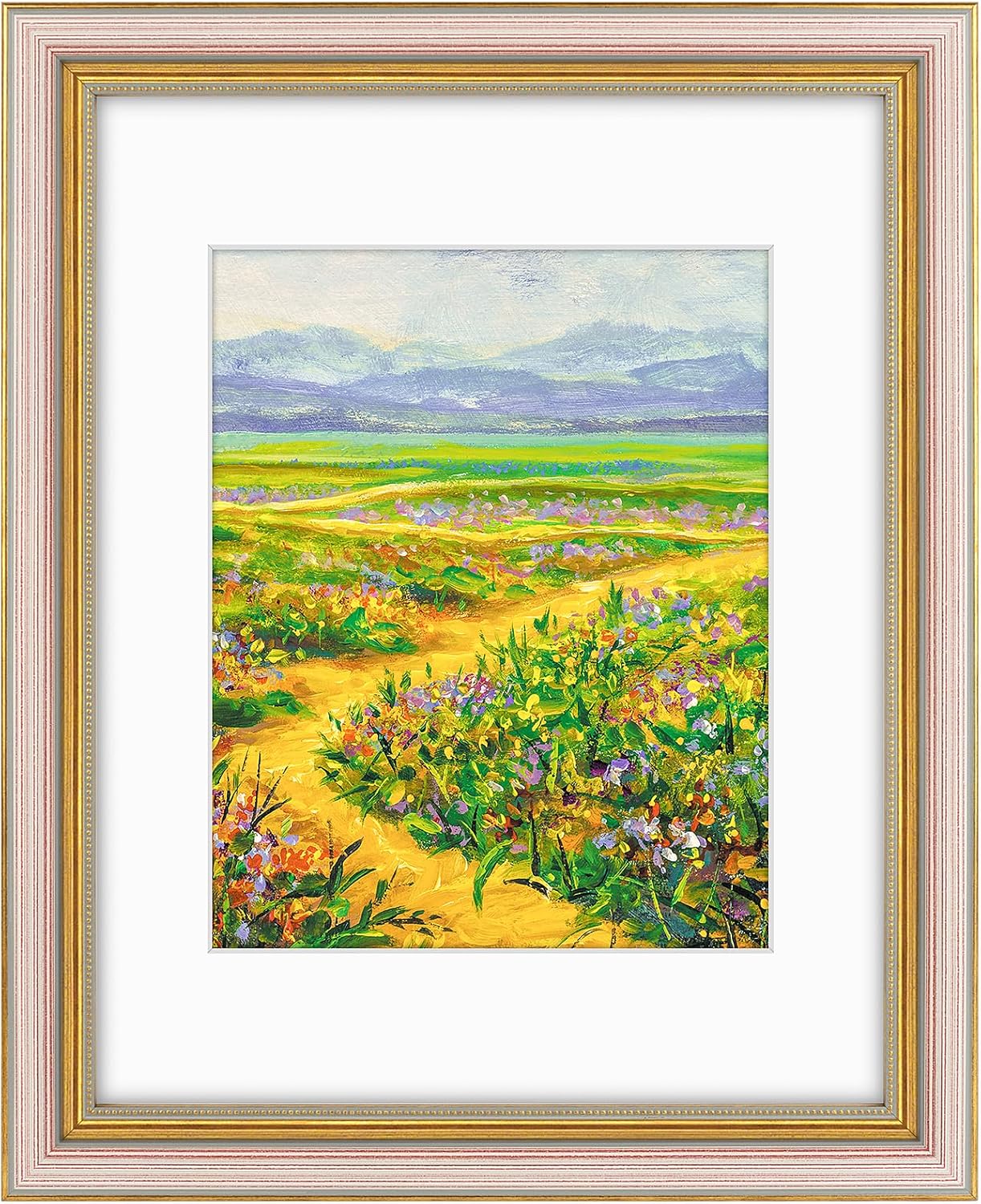 Yulinne Golden State Art 11x14 Green Gold Ornate Frame, Fits 8x10 with White Mat, Real Glass, Wall Mount