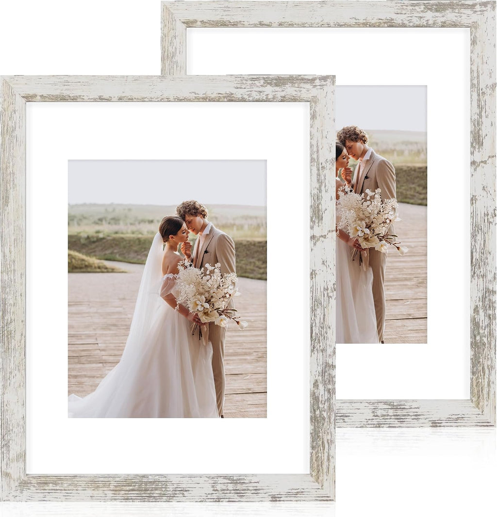 Yulinne 8x10 Picture Frame Set of 2, Distressed White Wood, Real Glass, Fits 5x7 with Mat, Wall or Tabletop