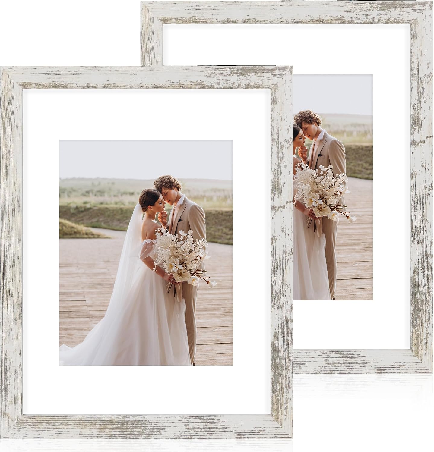 Yulinne 8x10 Picture Frame Set of 2, Distressed White Wood, Real Glass, Fits 5x7 with Mat, Wall or Tabletop