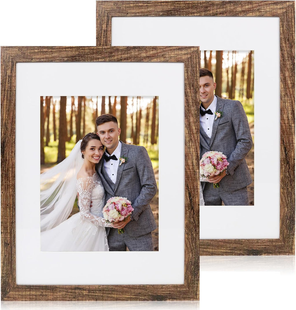 Yulinne 8x10 Picture Frame Set of 2, Distressed White Wood, Real Glass, Fits 5x7 with Mat, Wall or Tabletop