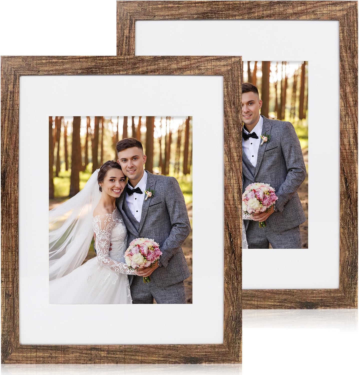 Yulinne 8x10 Picture Frame Set of 2, Distressed White Wood, Real Glass, Fits 5x7 with Mat, Wall or Tabletop