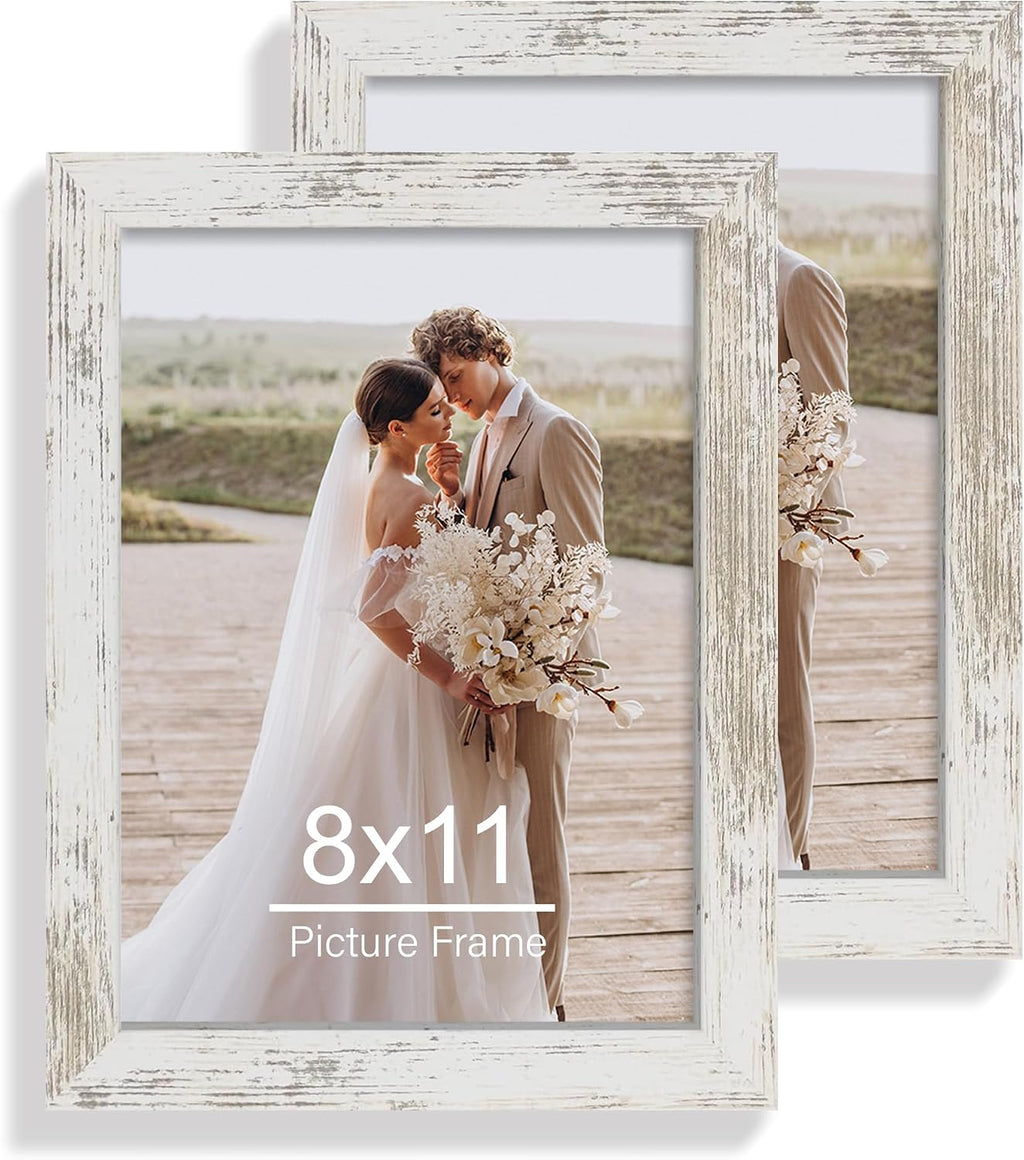 Yulinne 8x10 Picture Frame Set of 2, Distressed White Wood, Real Glass, Fits 5x7 with Mat, Wall or Tabletop