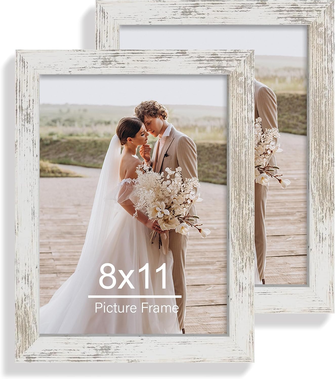 Yulinne 8x10 Picture Frame Set of 2, Distressed White Wood, Real Glass, Fits 5x7 with Mat, Wall or Tabletop