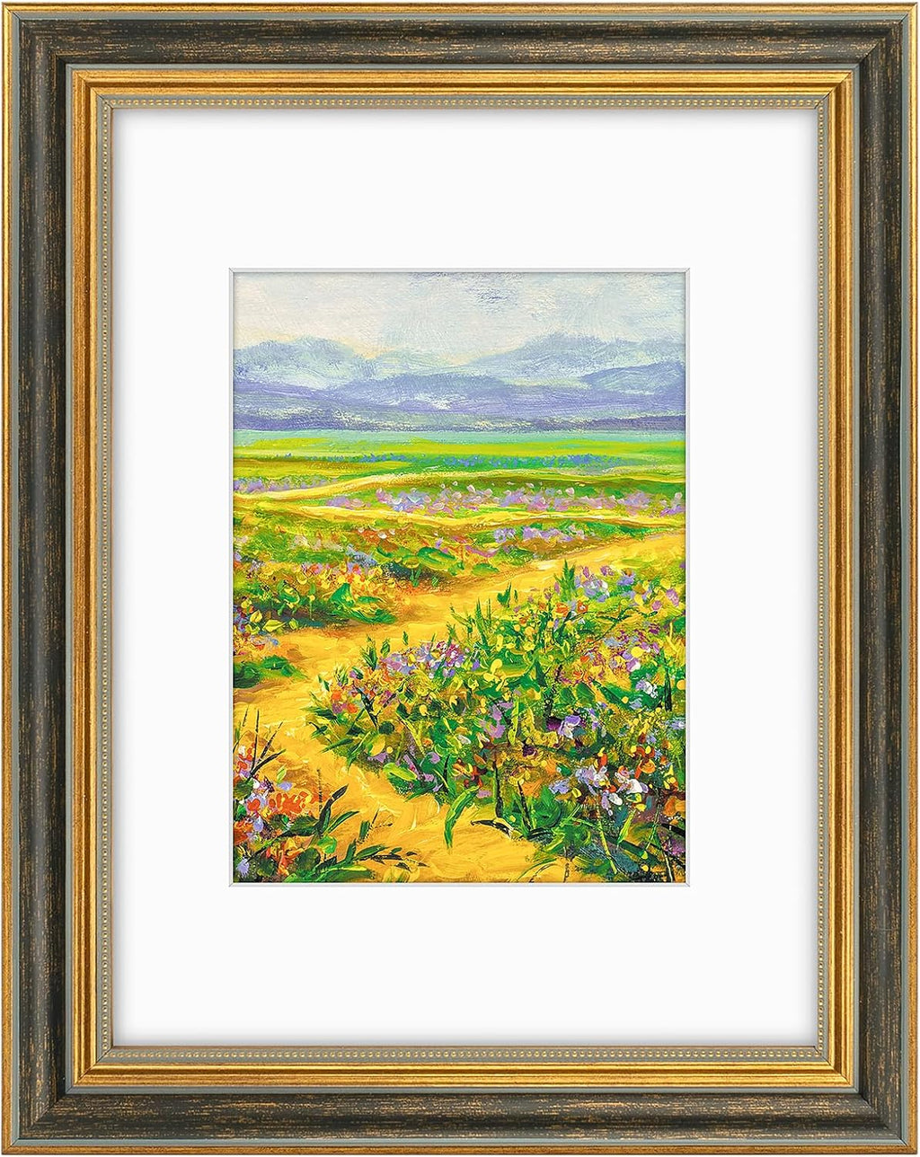 Yulinne 11x14 Green Gold Ornate Frame, Fits 8x10 with White Mat, Real Glass, Wall Mount