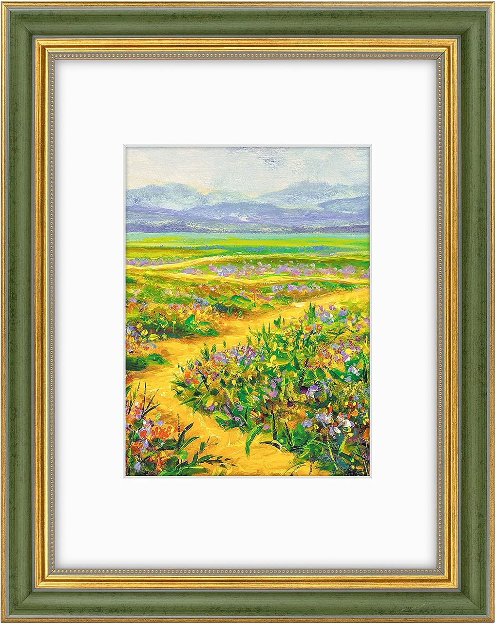 Yulinne 11x14 Green Gold Ornate Frame, Fits 8x10 with White Mat, Real Glass, Wall Mount
