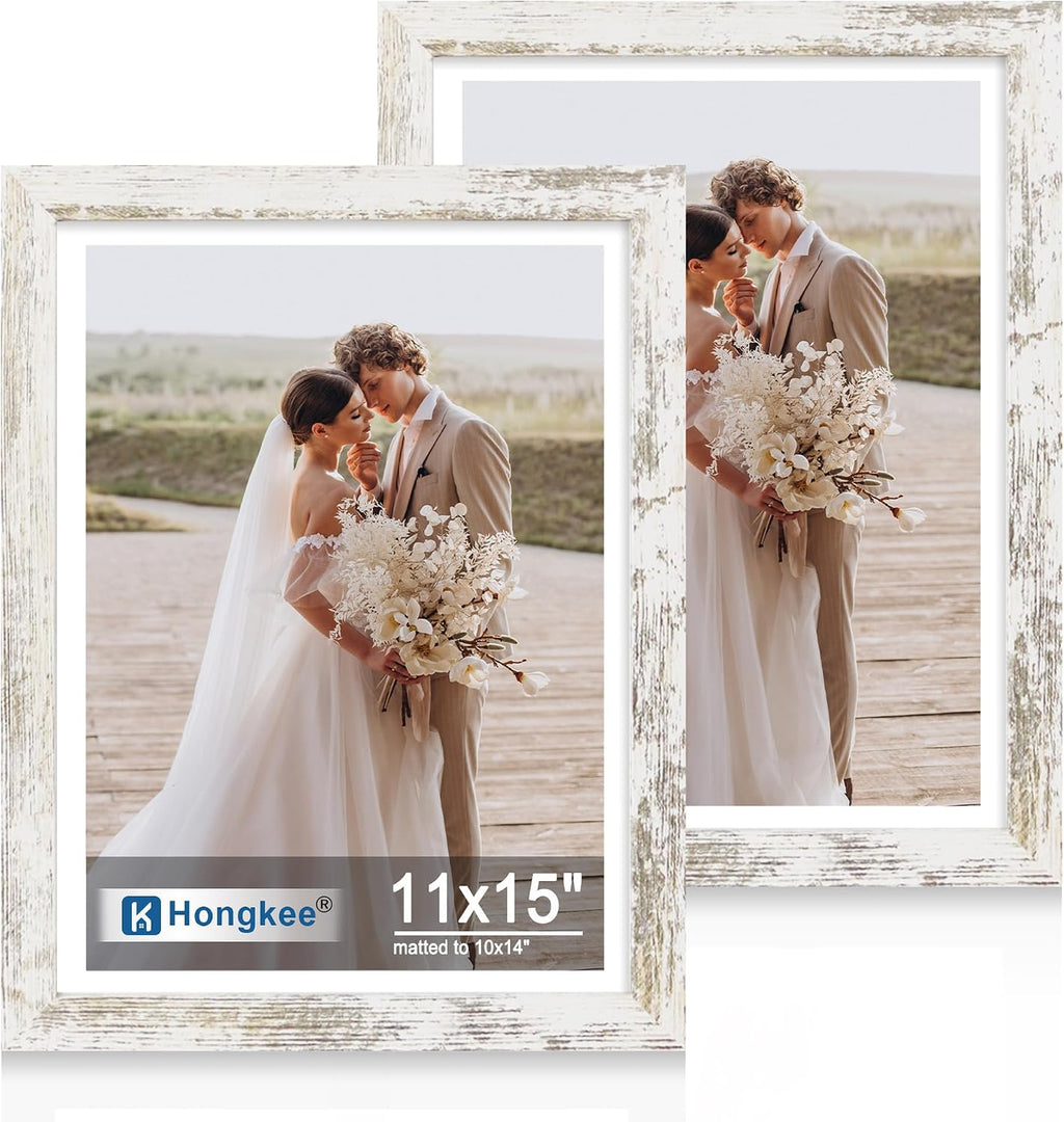 Yulinne 8x10 Picture Frame Set of 2, Distressed White Wood, Real Glass, Fits 5x7 with Mat, Wall or Tabletop