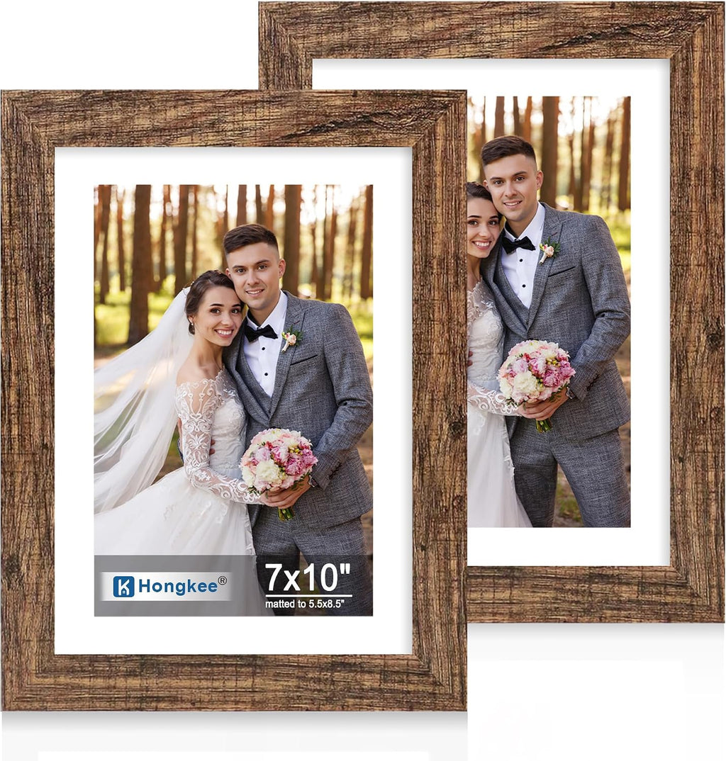 Yulinne 8x10 Picture Frame Set of 2, Distressed White Wood, Real Glass, Fits 5x7 with Mat, Wall or Tabletop
