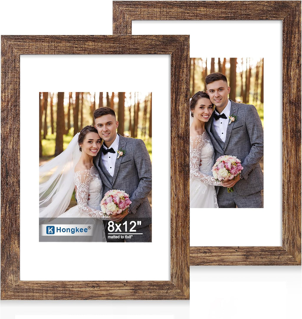 Yulinne 8x10 Picture Frame Set of 2, Distressed White Wood, Real Glass, Fits 5x7 with Mat, Wall or Tabletop