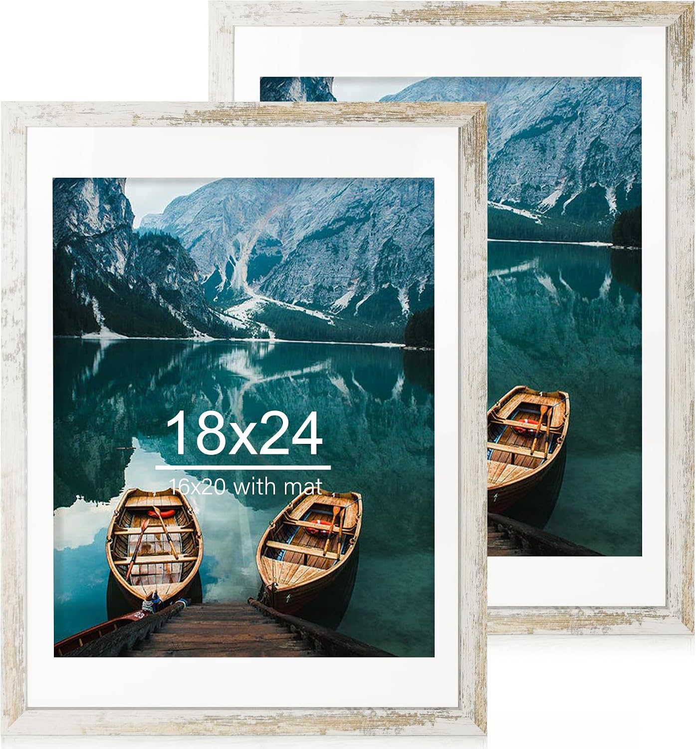 Yulinne 8x10 Picture Frame Set of 2, Distressed White Wood, Real Glass, Fits 5x7 with Mat, Wall or Tabletop