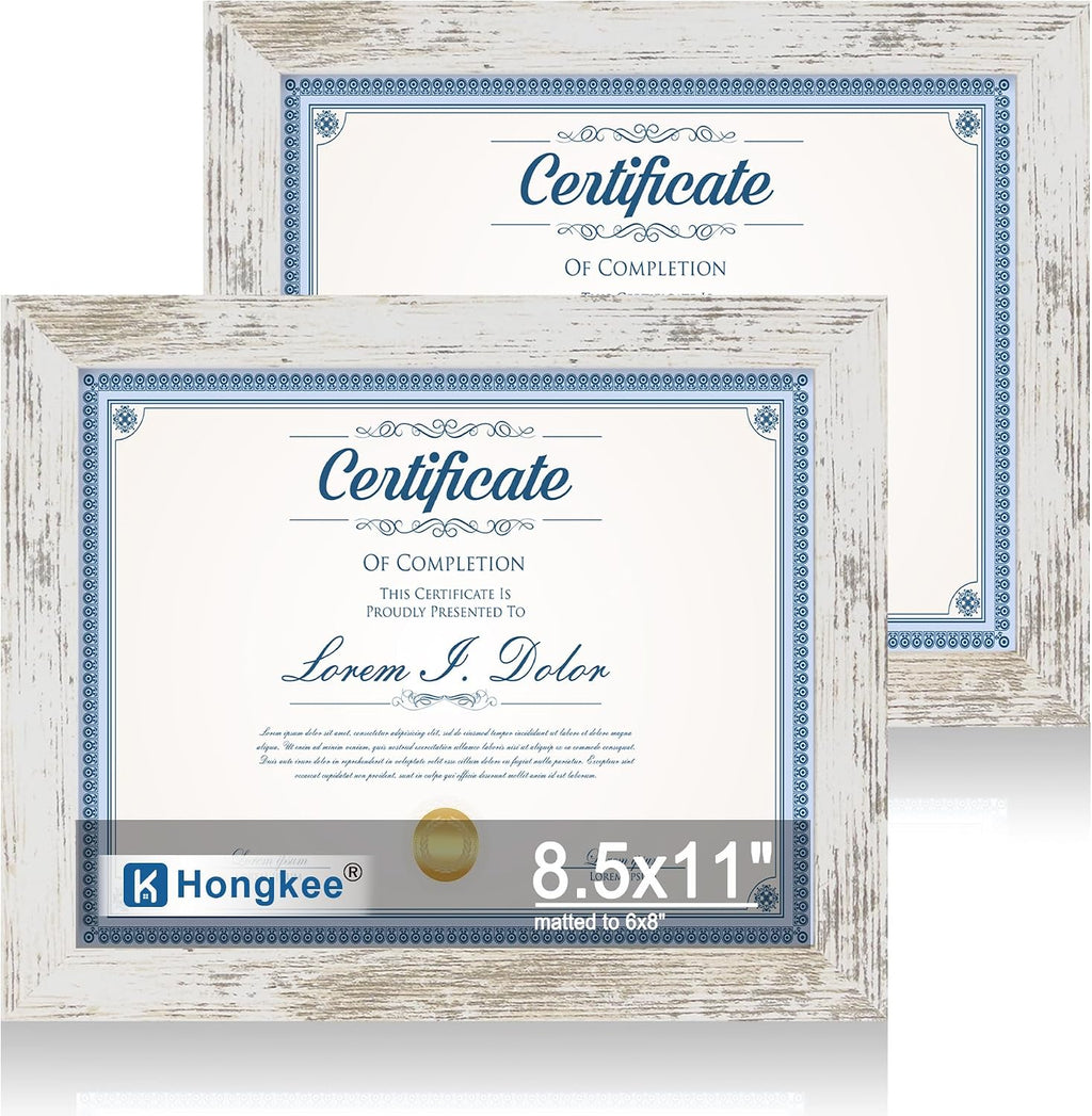 Yulinne 8x10 Picture Frame Set of 2, Distressed White Wood, Real Glass, Fits 5x7 with Mat, Wall or Tabletop