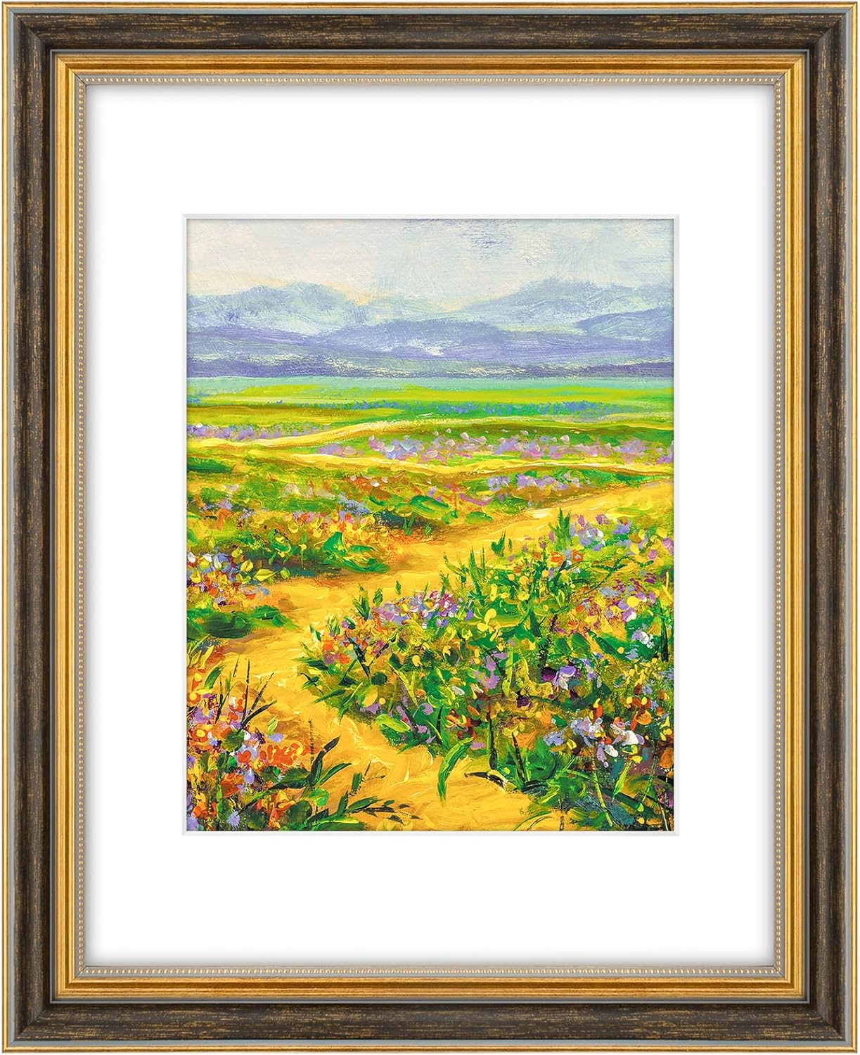 Yulinne Golden State Art 11x14 Green Gold Ornate Frame, Fits 8x10 with White Mat, Real Glass, Wall Mount