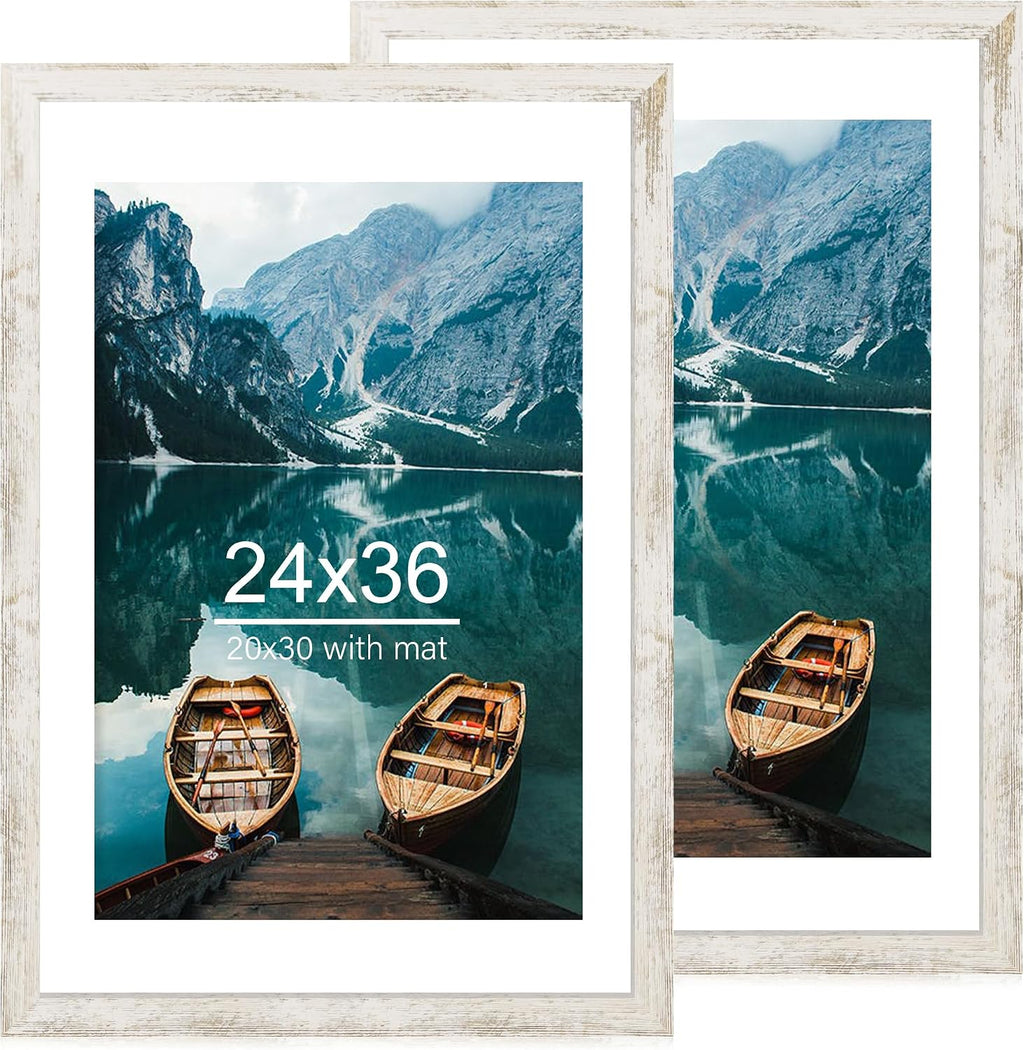 Yulinne 8x10 Picture Frame Set of 2, Distressed White Wood, Real Glass, Fits 5x7 with Mat, Wall or Tabletop
