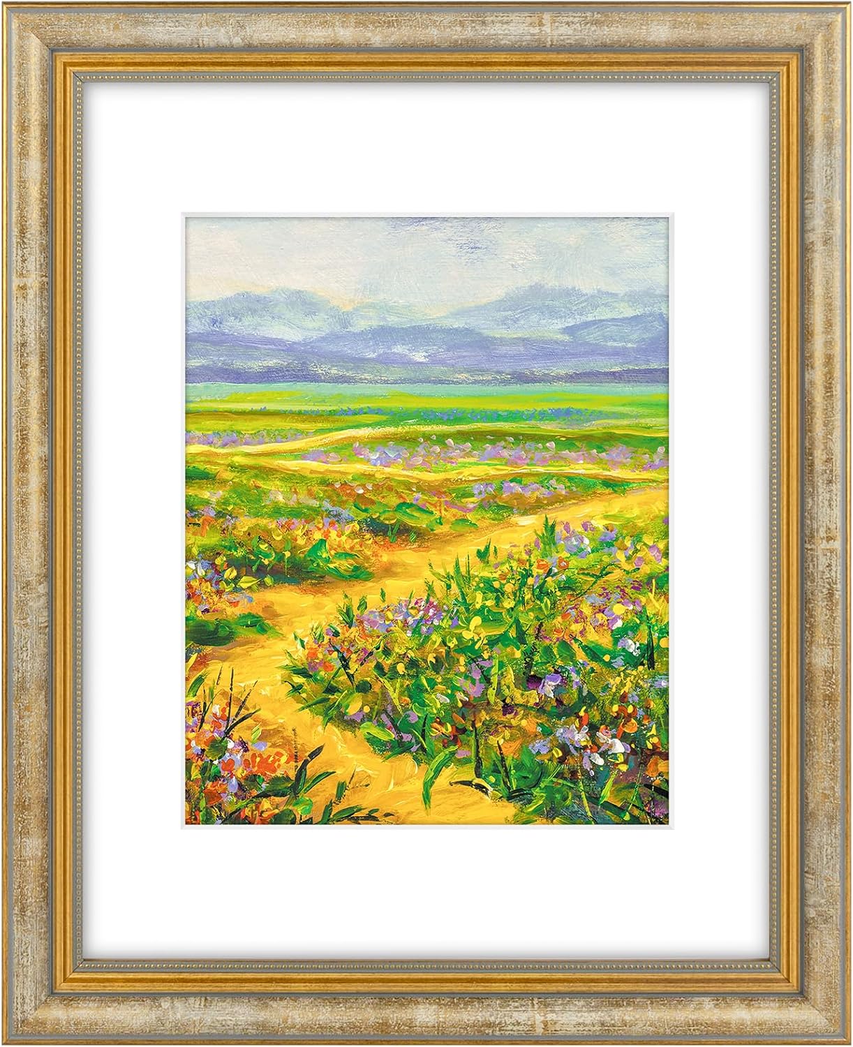 Yulinne Golden State Art 11x14 Green Gold Ornate Frame, Fits 8x10 with White Mat, Real Glass, Wall Mount