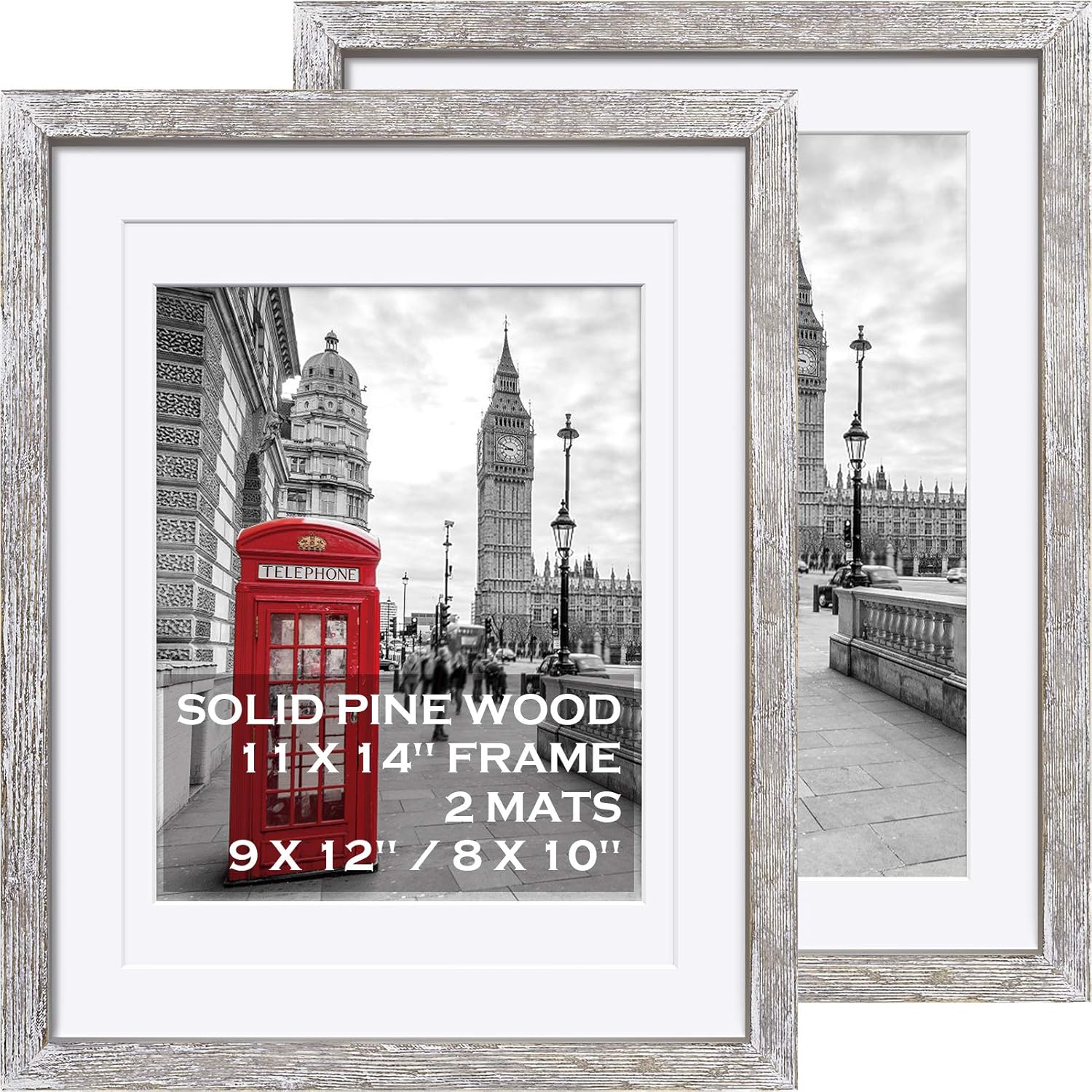 Yulinne 11x14 Solid Wood Picture Frame, Farmhouse Style, Fits 9x12/8x10 with Mat, Wall or Tabletop, 2 Pack