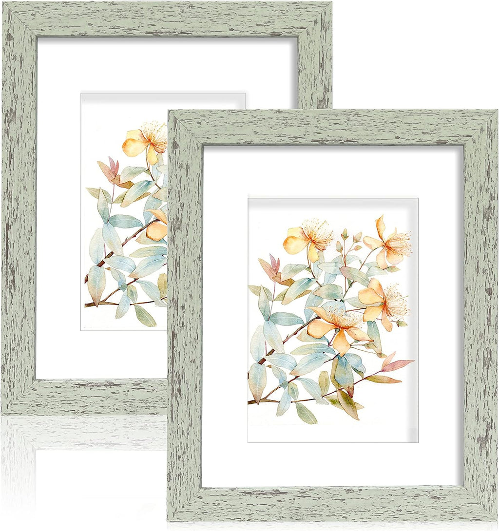 Yulinne 8x10 Picture Frame Set of 2, Distressed White Wood, Real Glass, Fits 5x7 with Mat, Wall or Tabletop
