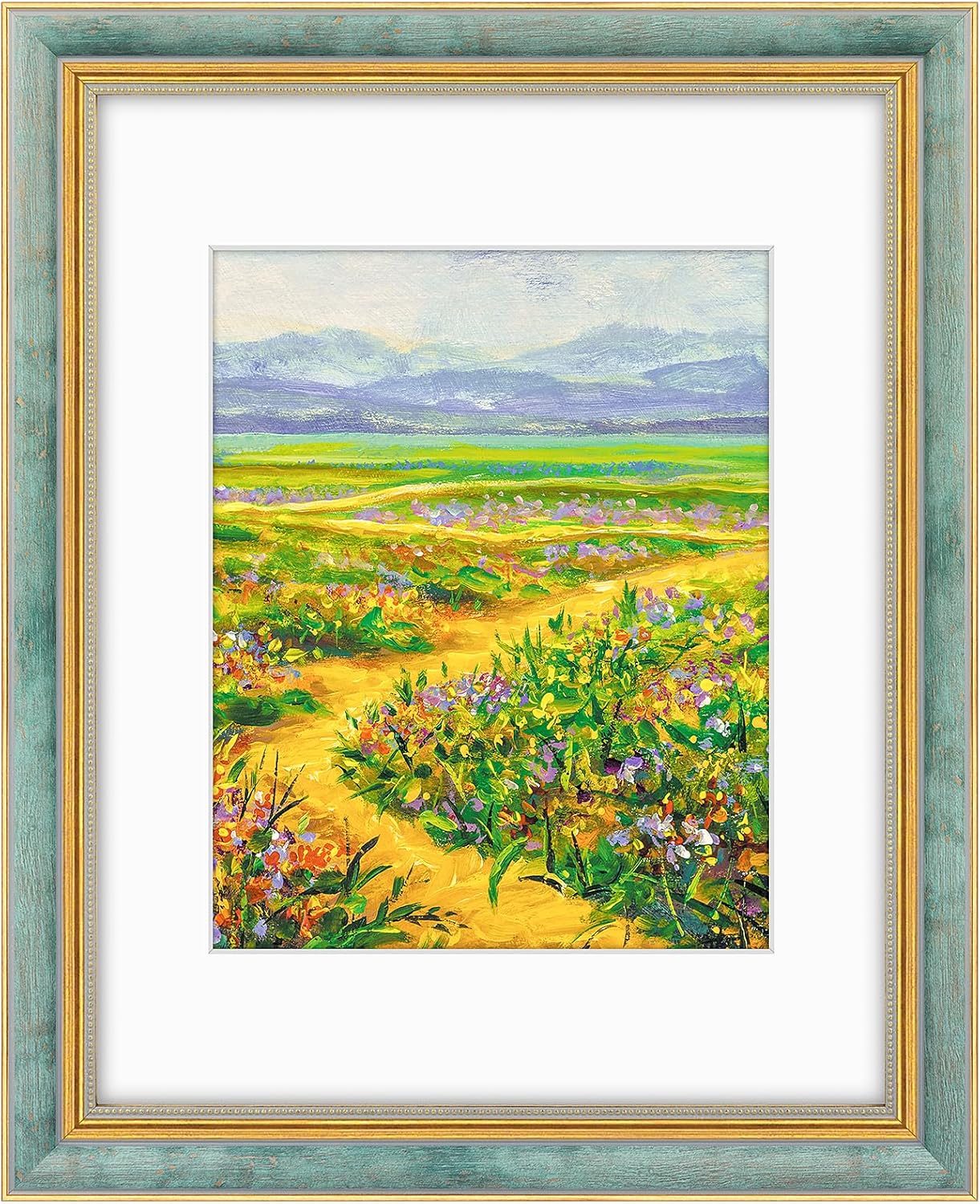 Yulinne Golden State Art 11x14 Green Gold Ornate Frame, Fits 8x10 with White Mat, Real Glass, Wall Mount