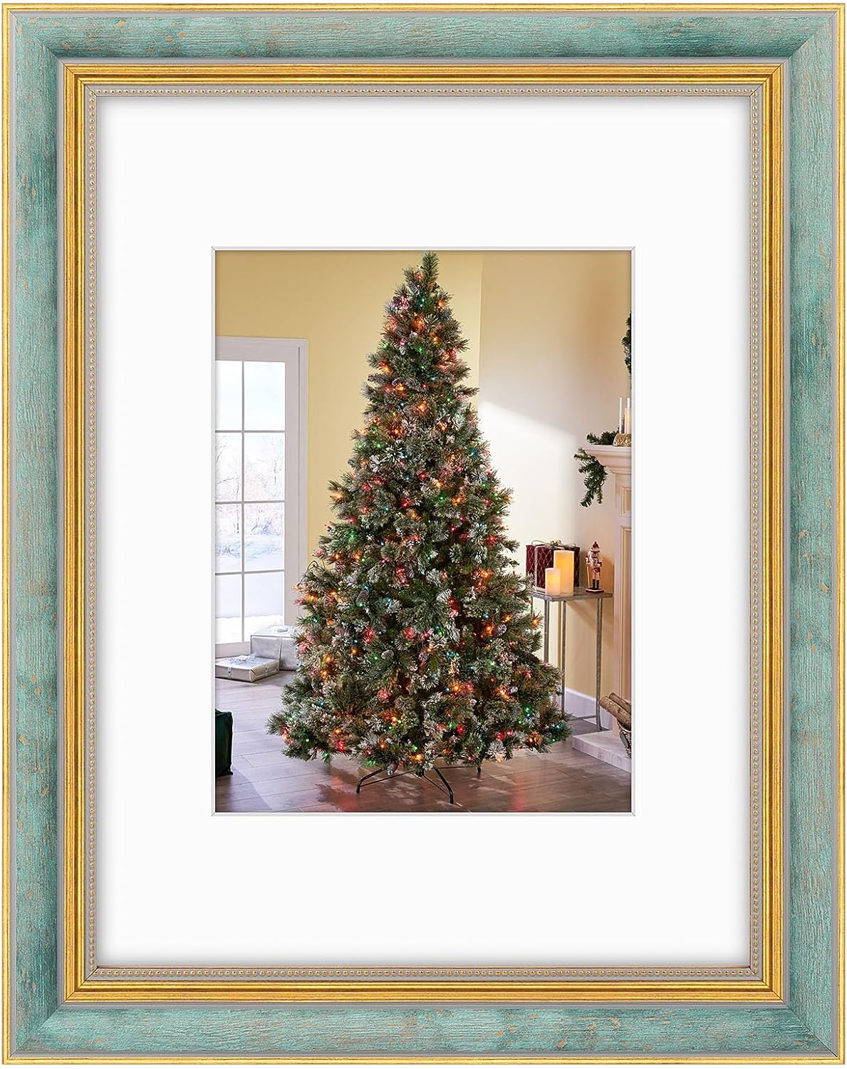 Yulinne Golden State Art 11x14 Green Gold Ornate Frame, Fits 8x10 with White Mat, Real Glass, Wall Mount