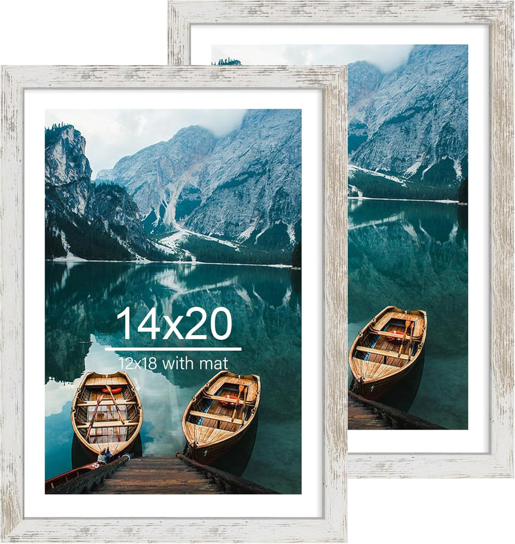 Yulinne 8x10 Picture Frame Set of 2, Distressed White Wood, Real Glass, Fits 5x7 with Mat, Wall or Tabletop