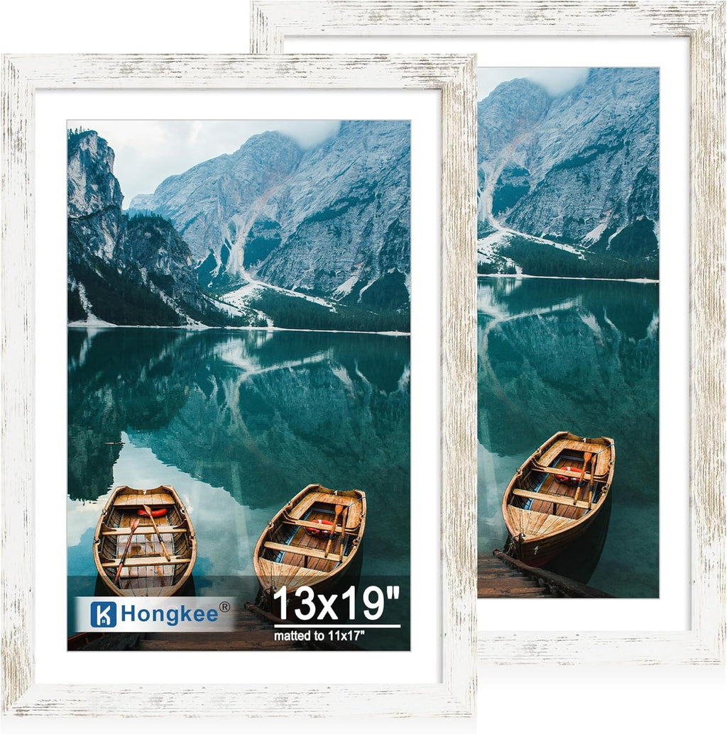 Yulinne 8x10 Picture Frame Set of 2, Distressed White Wood, Real Glass, Fits 5x7 with Mat, Wall or Tabletop