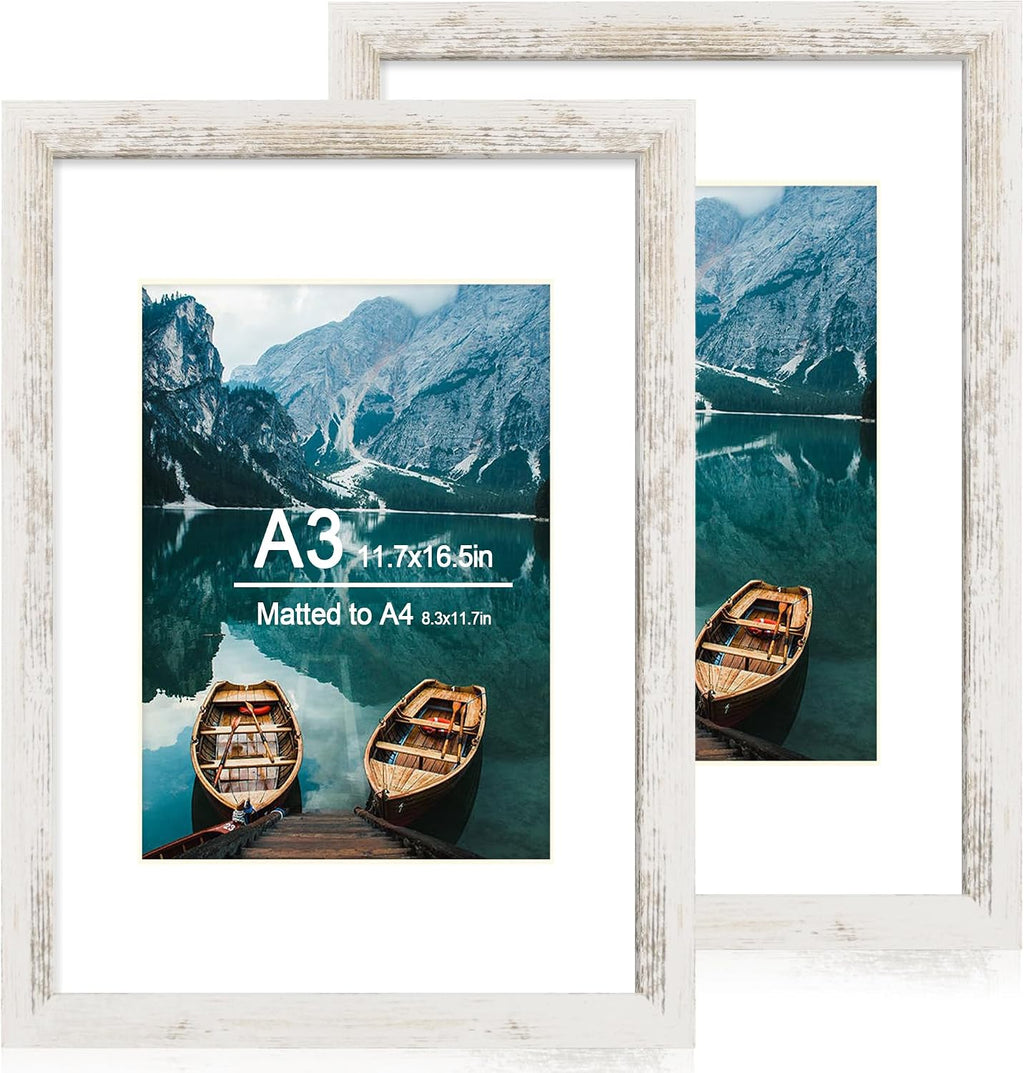 Yulinne 8x10 Picture Frame Set of 2, Distressed White Wood, Real Glass, Fits 5x7 with Mat, Wall or Tabletop