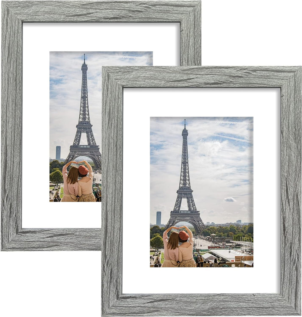 Yulinne 8x10 Picture Frame Set of 2, Distressed White Wood, Real Glass, Fits 5x7 with Mat, Wall or Tabletop