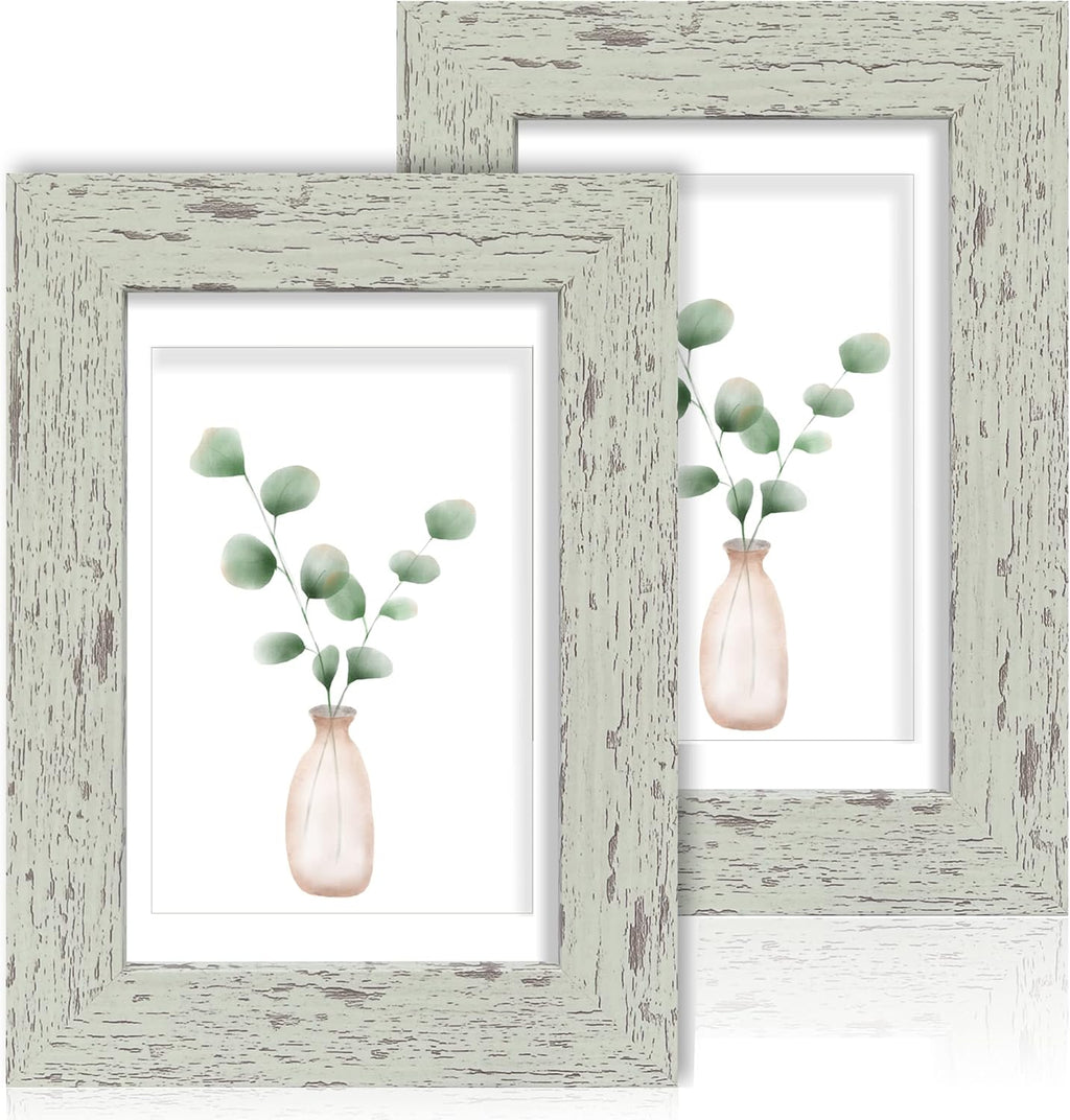 Yulinne 8x10 Picture Frame Set of 2, Distressed White Wood, Real Glass, Fits 5x7 with Mat, Wall or Tabletop
