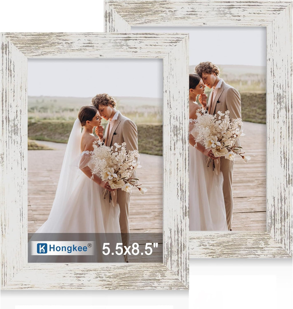Yulinne 8x10 Picture Frame Set of 2, Distressed White Wood, Real Glass, Fits 5x7 with Mat, Wall or Tabletop