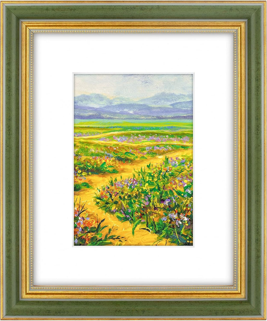 Yulinne 11x14 Green Gold Ornate Frame, Fits 8x10 with White Mat, Real Glass, Wall Mount