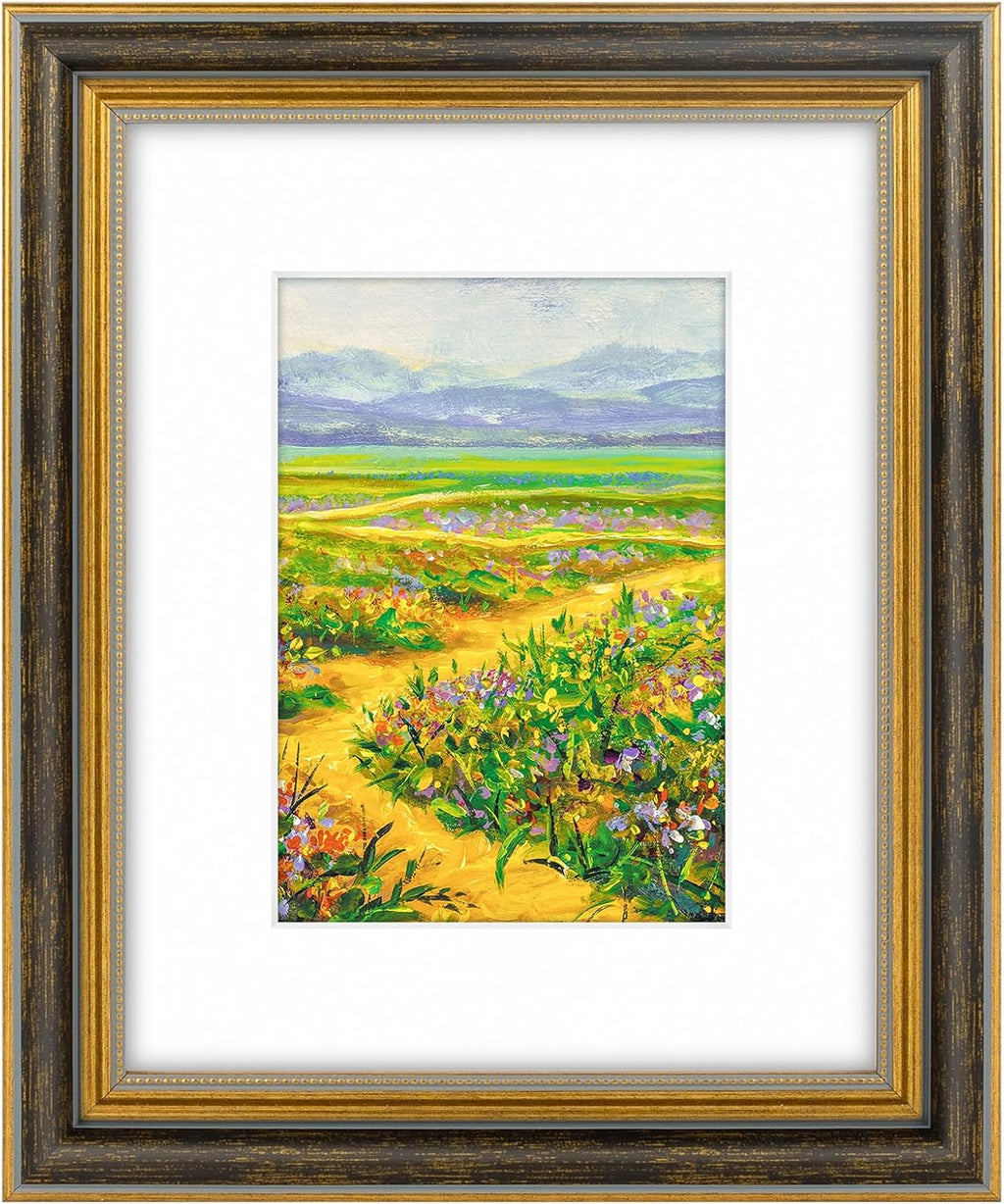 Yulinne 11x14 Green Gold Ornate Frame, Fits 8x10 with White Mat, Real Glass, Wall Mount
