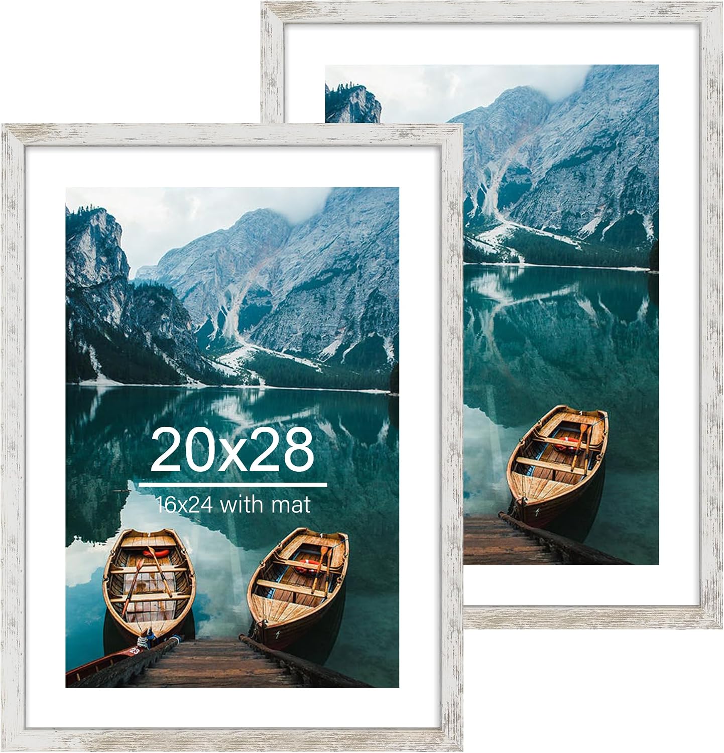 Yulinne 8x10 Picture Frame Set of 2, Distressed White Wood, Real Glass, Fits 5x7 with Mat, Wall or Tabletop