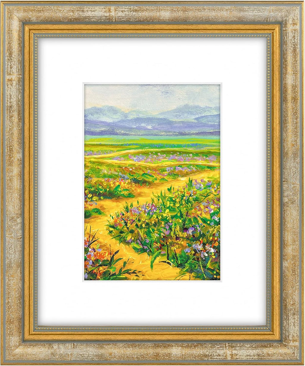Yulinne 11x14 Green Gold Ornate Frame, Fits 8x10 with White Mat, Real Glass, Wall Mount