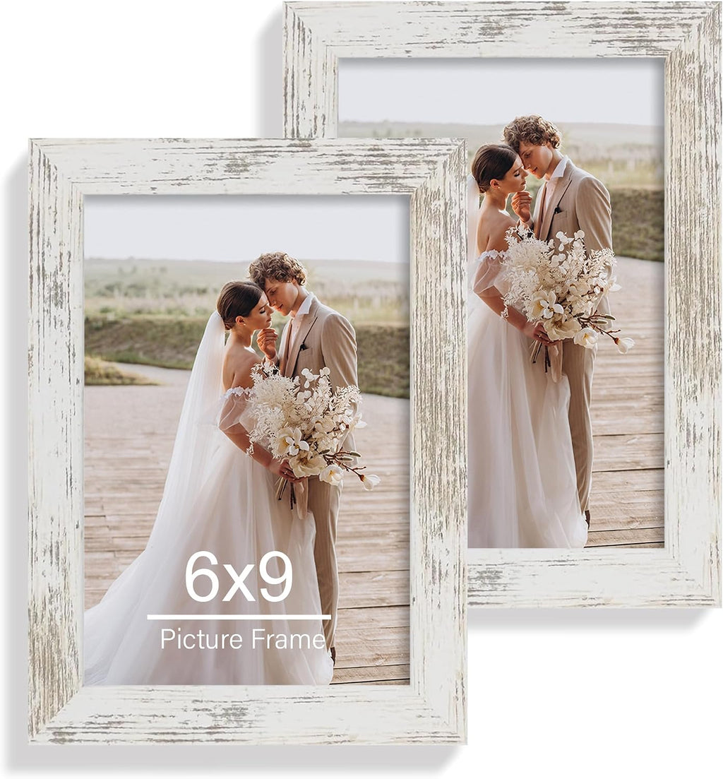 Yulinne 8x10 Picture Frame Set of 2, Distressed White Wood, Real Glass, Fits 5x7 with Mat, Wall or Tabletop