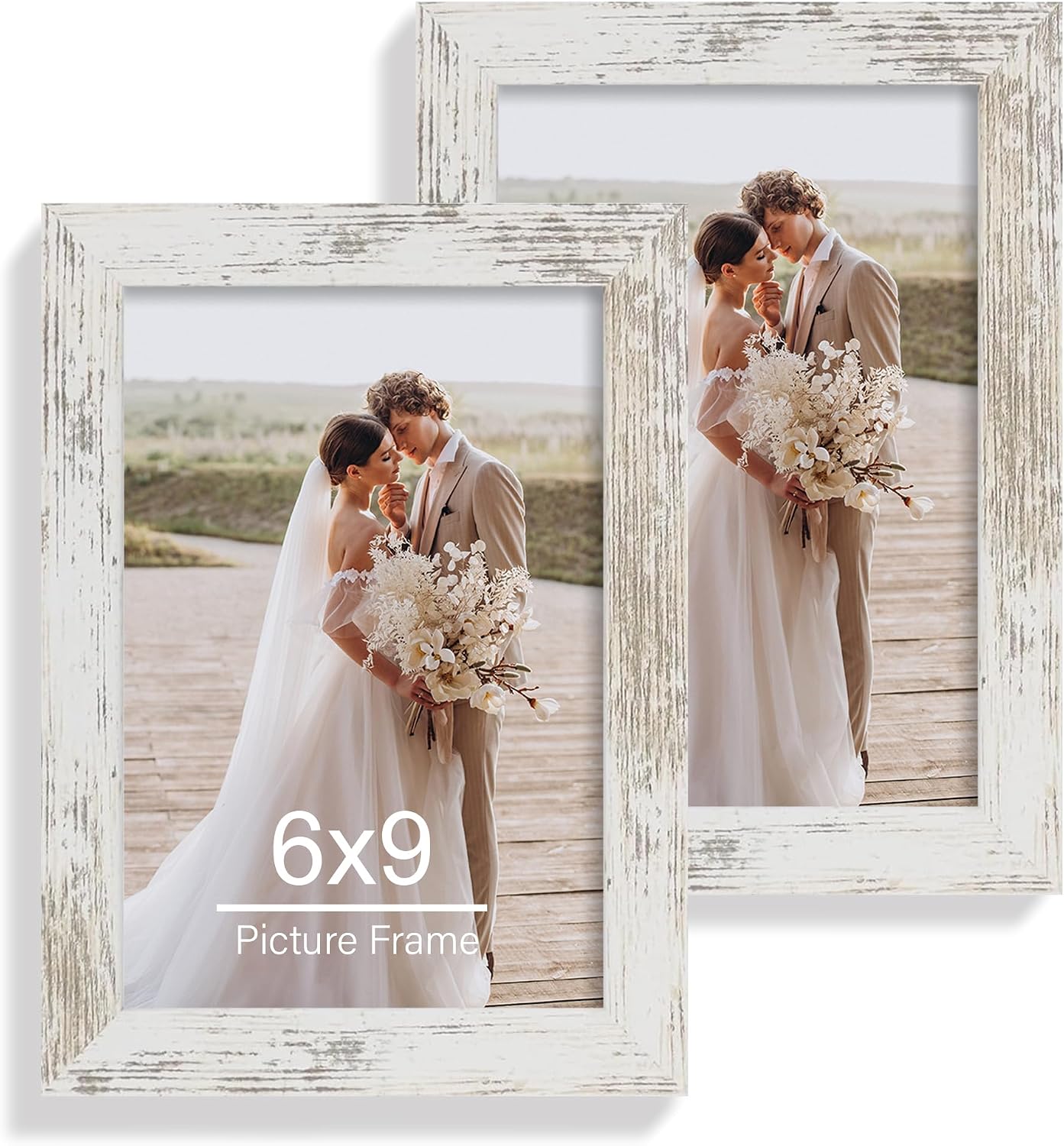 Yulinne 8x10 Picture Frame Set of 2, Distressed White Wood, Real Glass, Fits 5x7 with Mat, Wall or Tabletop